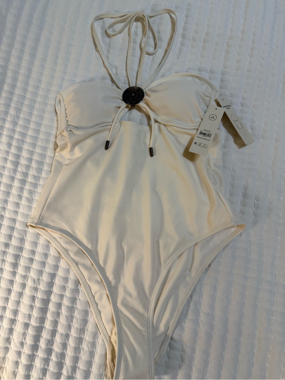 No Boundaries Cream One-Piece Halter Swimsuit with Decorative Ring